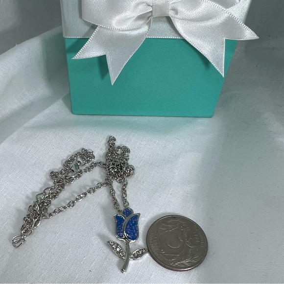 Blue Glitter Sparkle Tulip Flower Floral Necklace Deadstock NEW Minimalist - Picture 7 of 8